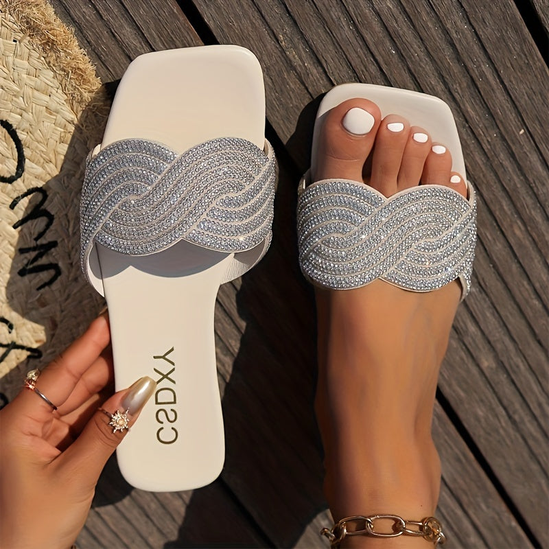 Women's Rhinestone-Embellished Flat Sandals Open-Toe Slip-On Casual Footwear