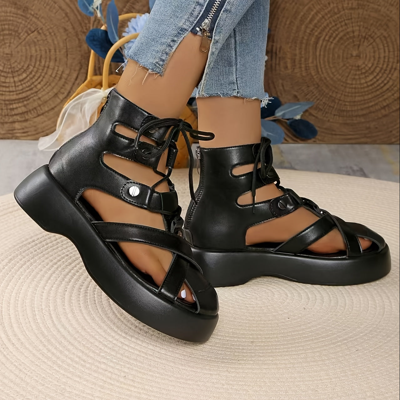 Women's Black PU Lace-Up Roman Sandals with Thick Sole and Mid-Heel