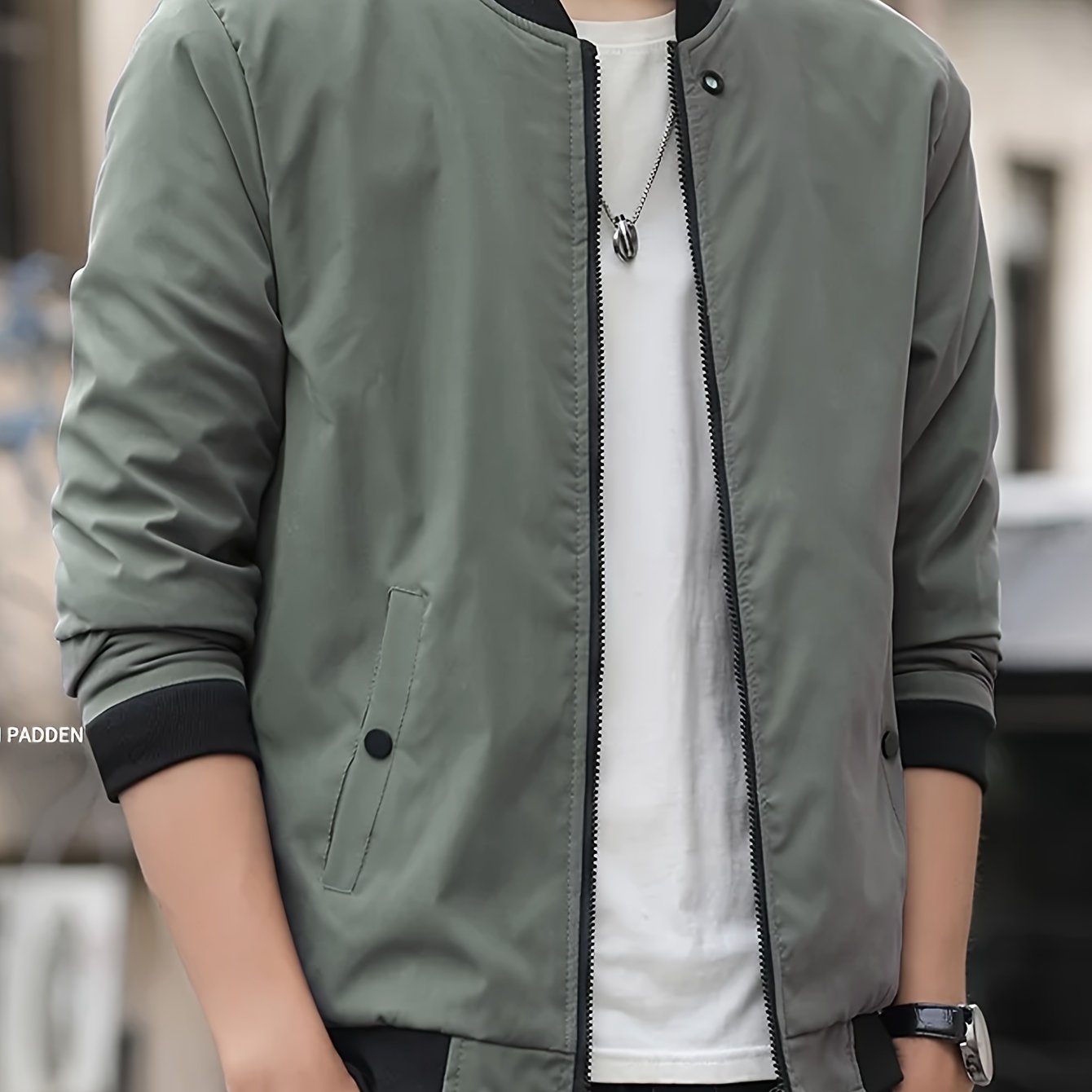 Men's Polyester Solid Band Collar Zip-up Jacket for Spring and Fall