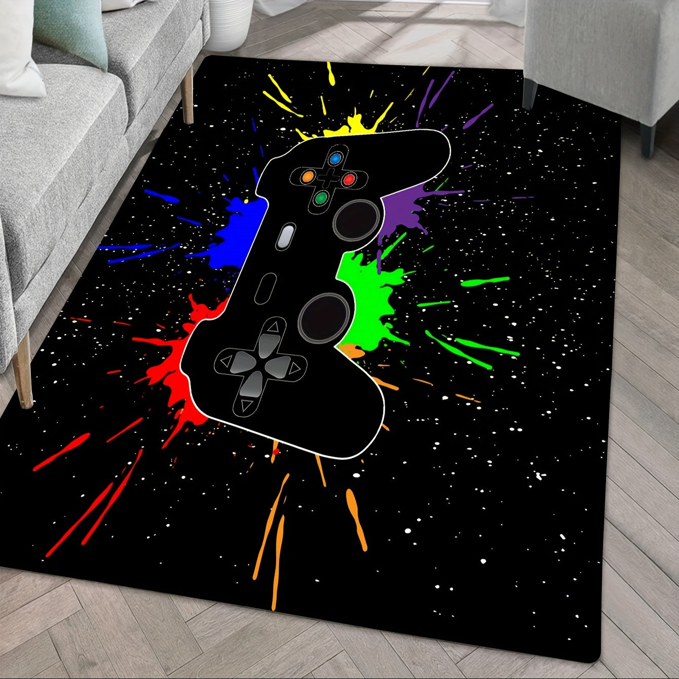 Gaming Area Rug with Gamepad Theme, Washable, Cyberpunk Style for Living Room