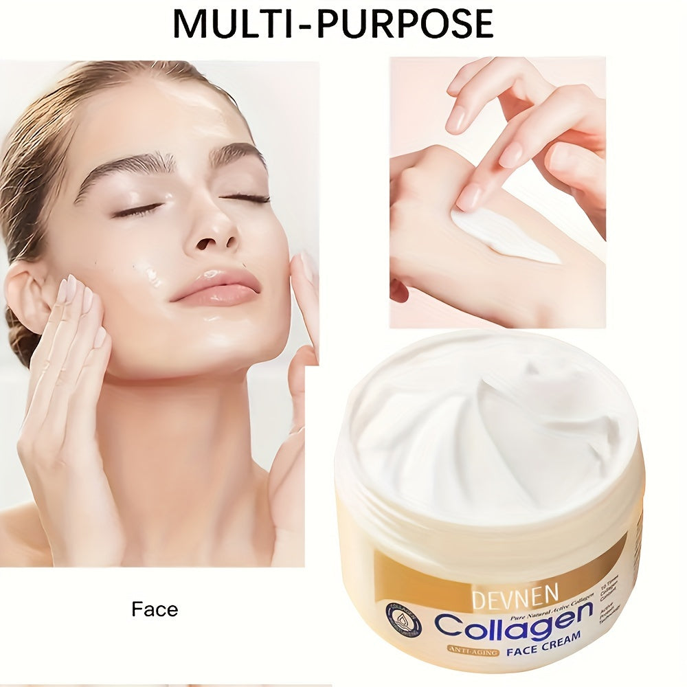 100g Devinen Collagen Yuz Kremi, namlantirish va porlash uchun, barcha teri turlari uchun mos. Retinol, Gialuron kislotasi va Glicerin o'z ichiga oladi. Kunduz va kechqurun ishlatilishi mumkin, alkogolsiz. Kuchaytiradi
