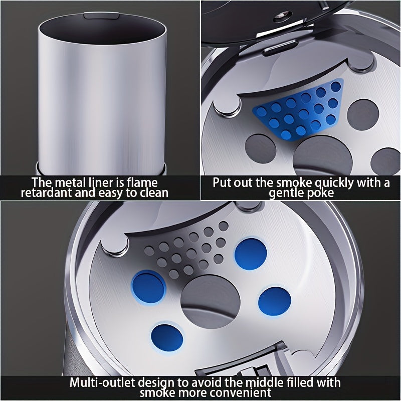 Car Ashtray with PU Leather Anti-Flying Ash Design LED Automatic Lighting Replaceable Battery Black