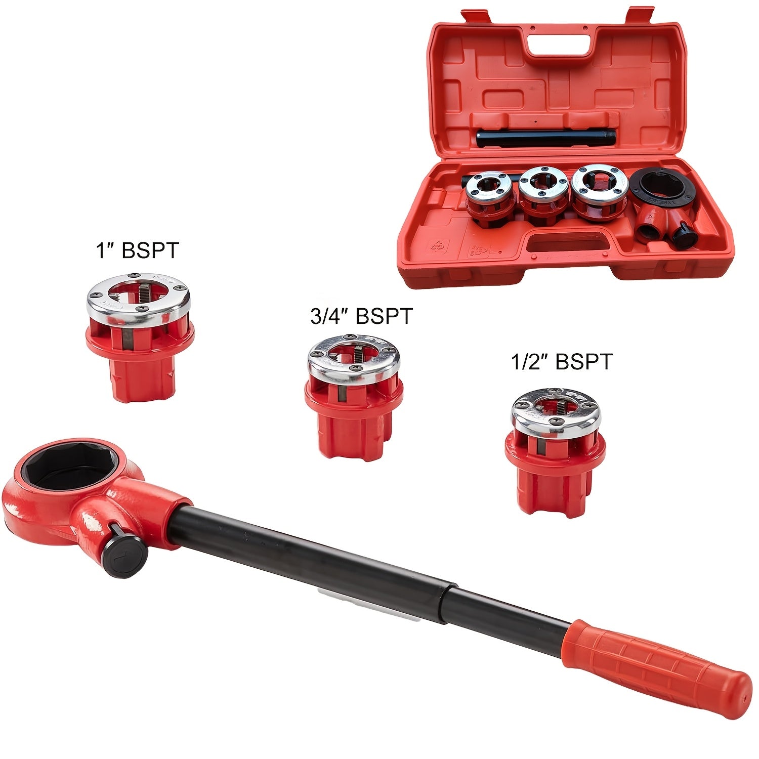 1/2", 3/4" va 1" NPT quvurlari uchun 3 ta die bilan saqlash qutisidagi Bir to'plam ratchet quvur ipini kesish to'plami [Qizil quti]