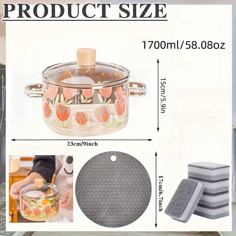 Glass Soup Pot with Tulip Print, Heat-Resistant Pad, 5 Sponge Brushes, Non-Stick, Electric Stove Compatible