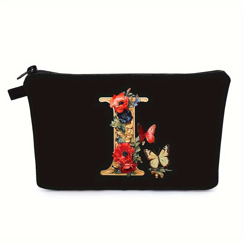 Bolsa de maquillaje negra para mujer con patrón de mariposas y flores para organizar los esenciales de belleza