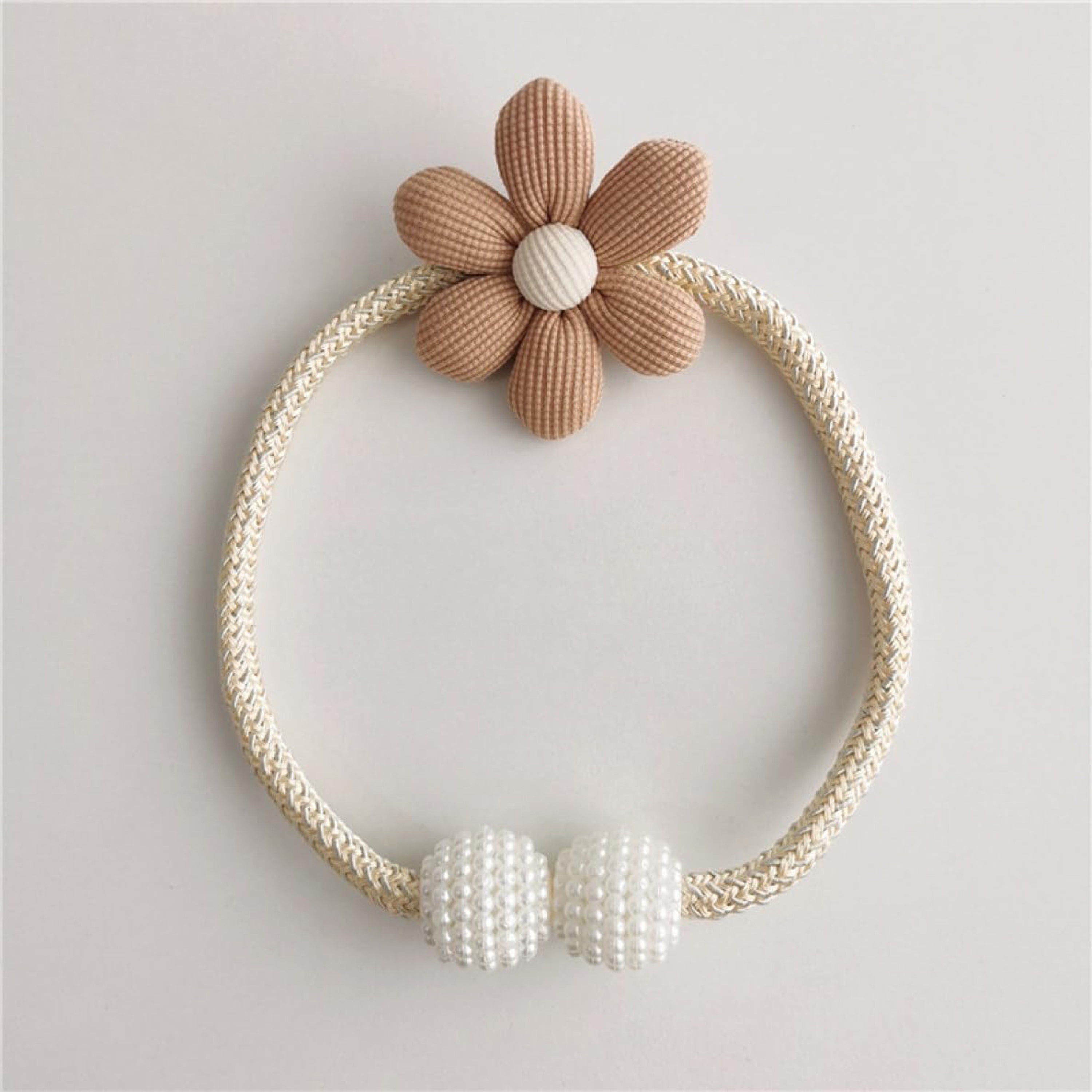 Set of Two Curtain Tiebacks with Cartoon Flowers and Faux Pearls for Bedrooms and Living Rooms
