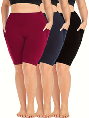 Комплект из 3 шорт с высокой талией для полных женщин, эластичные, укороченные, красные, синие морские и черные