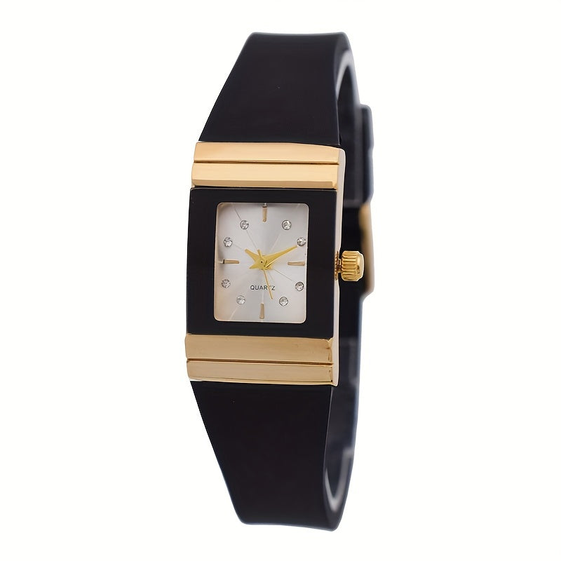 Women's Square Black and Gold Silicone Wristwatch Quartz Fashionable Casual