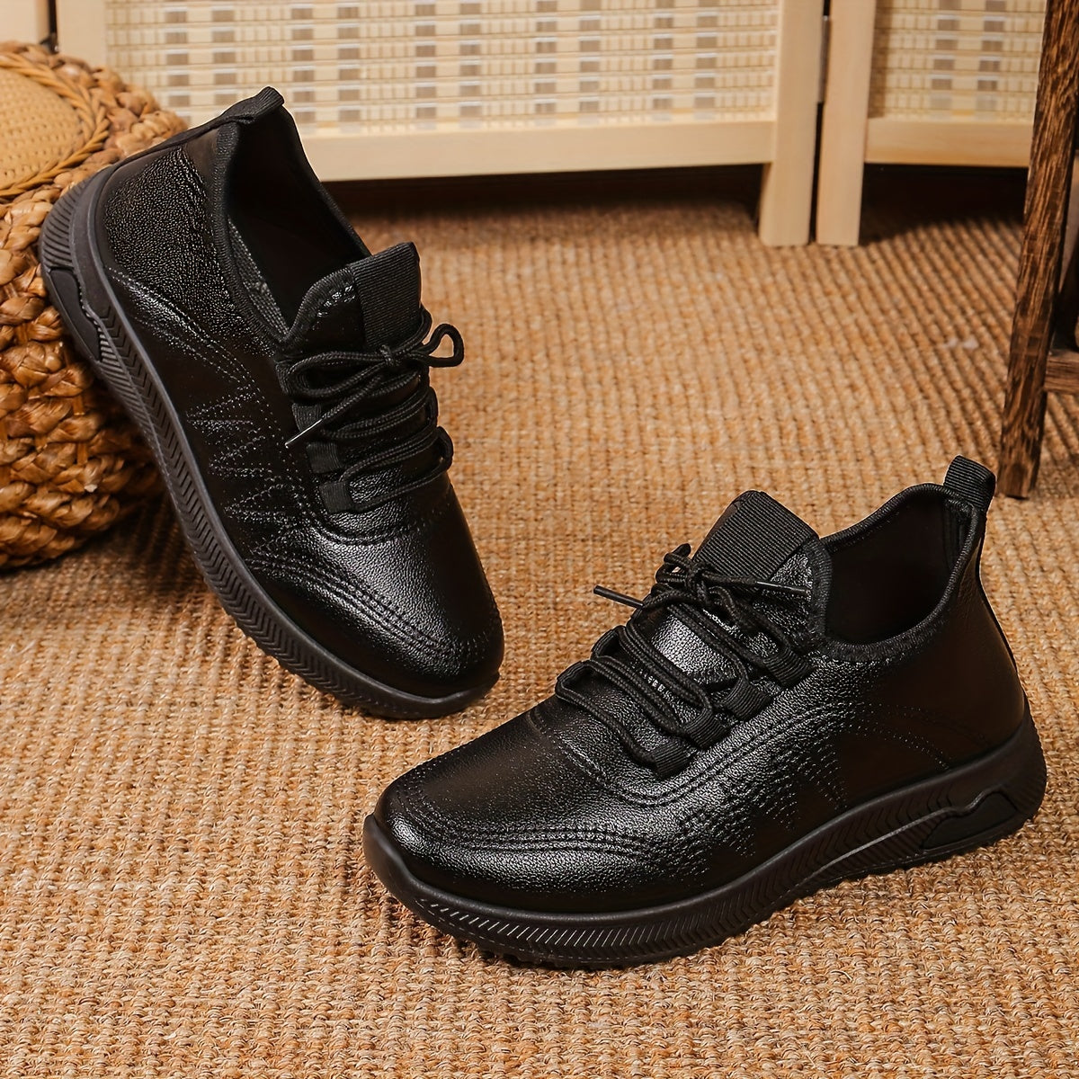 Women Black Waterproof Slip-Resistant Flat Work Shoes Mary Jane Sneakers