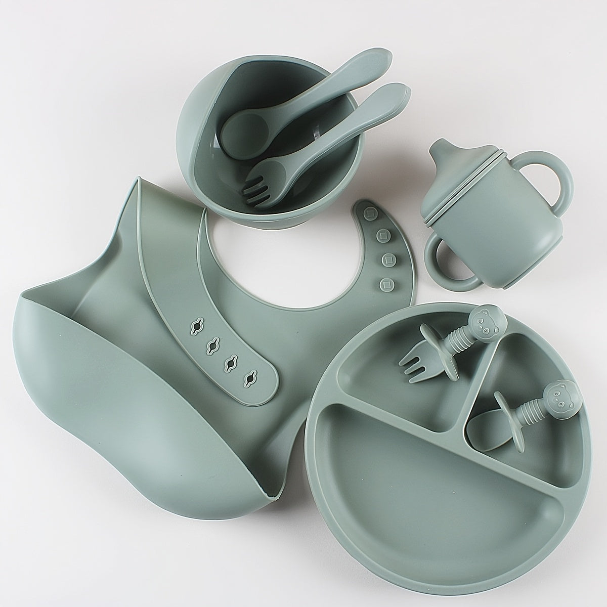 8pcs Silicone Baby Feeding Set Divided Plate Bowl Spoon Fork Bib Learning Cup for Toddlers