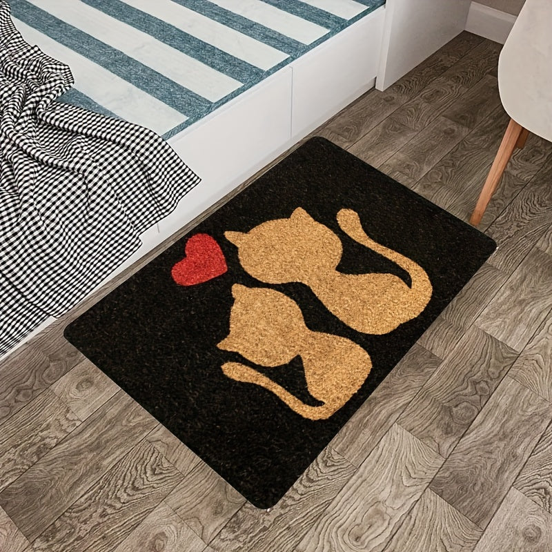 Heart Design Doormat with Cute Cat, Easy to Clean, Machine Washable, Rectangular Rug for Entryway