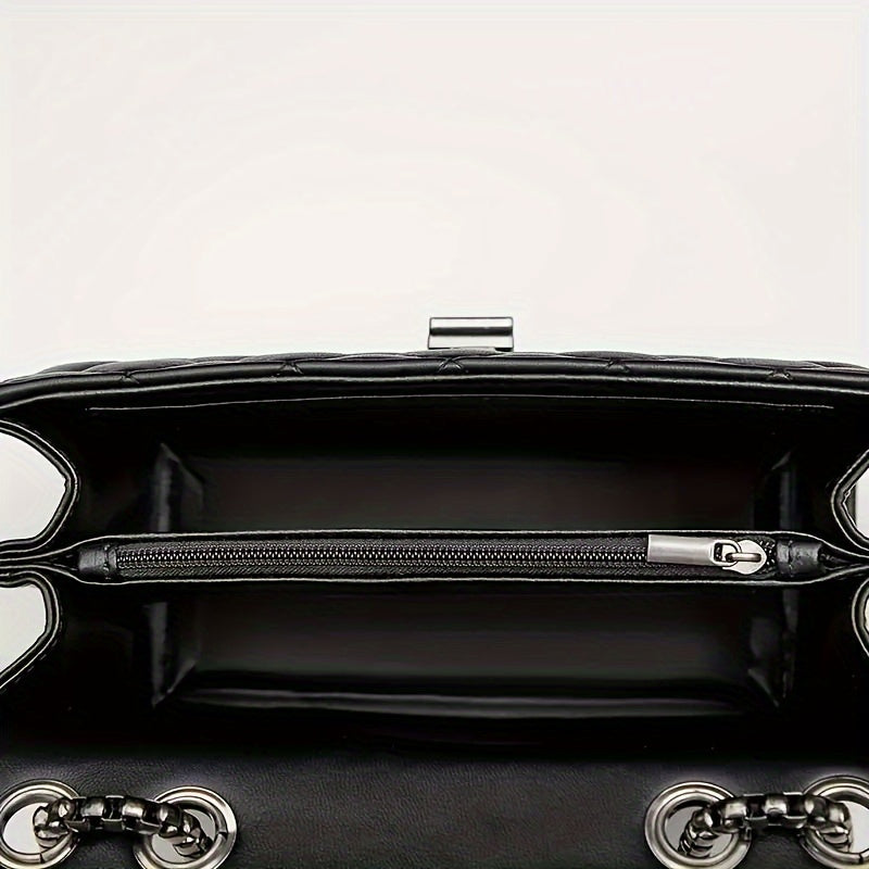 Black Faux Leather Crossbody Bag with Chain Strap for Women