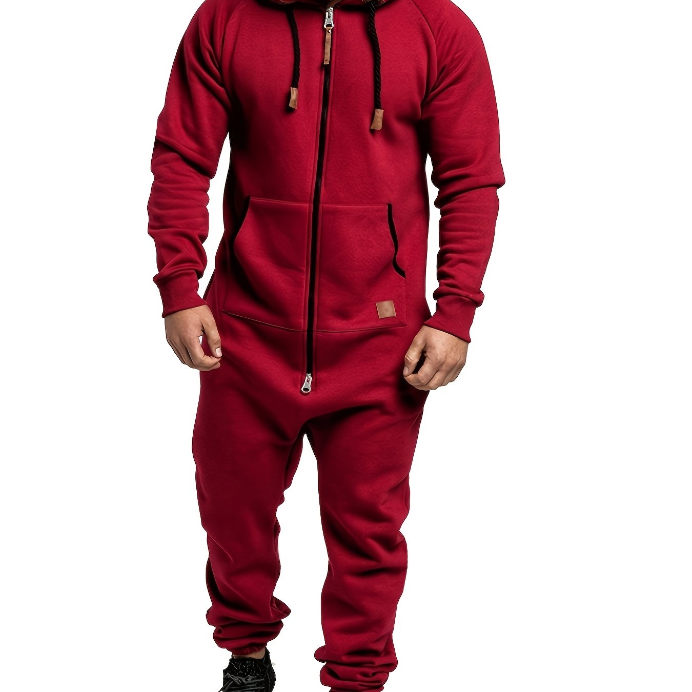 Men's Winter Pajama Jumpsuit Solid Long Sleeve Knit Polyester Hooded Pockets Comfortable Lounge Wear