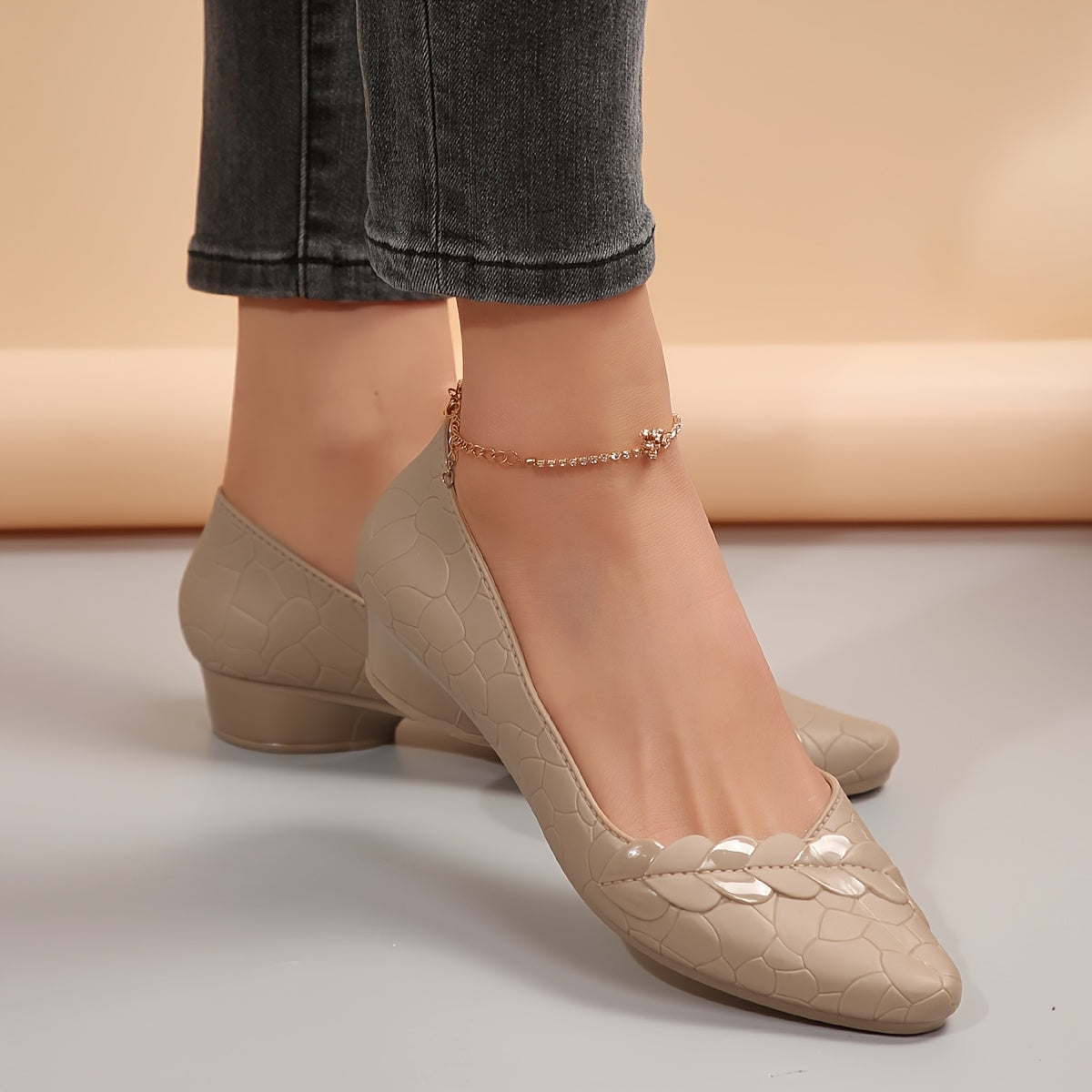 Women's Mid-Heel Pumps Soft Sole Sequins Pointed Toe Chunky Heel