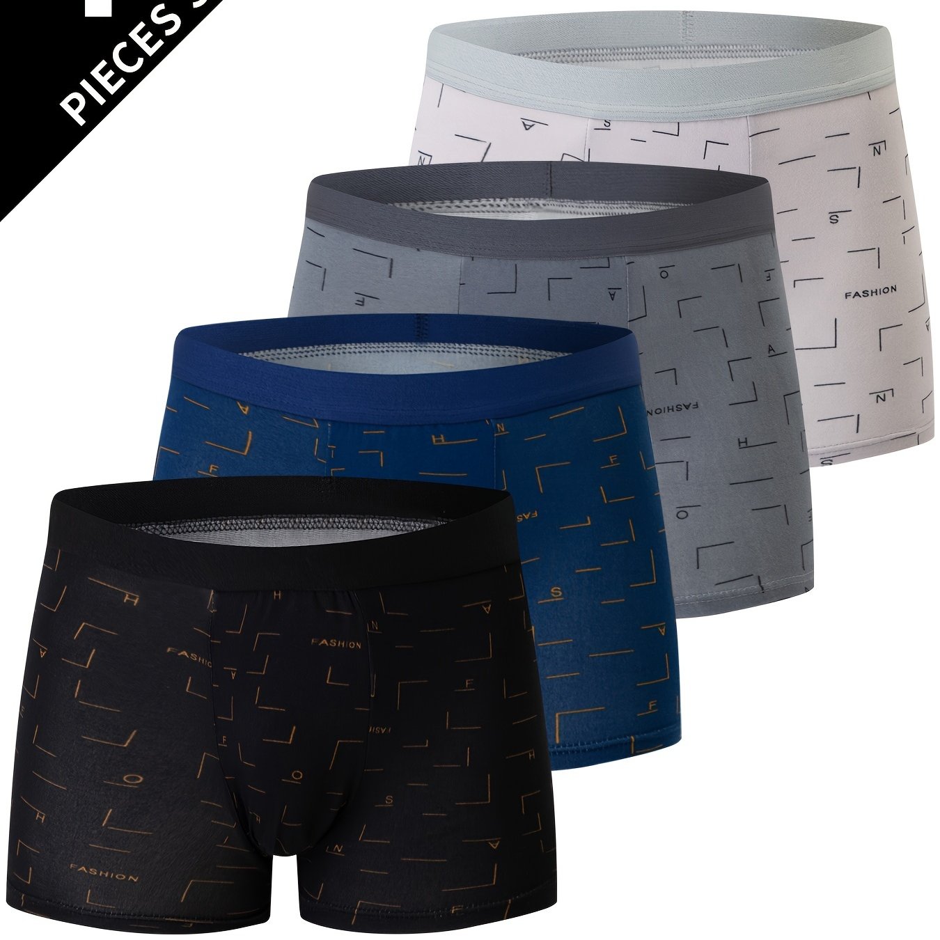 Men's Polyester Underwear with Geometric Pattern Slight Stretch Knit Fabric 115g/m² Set of 4