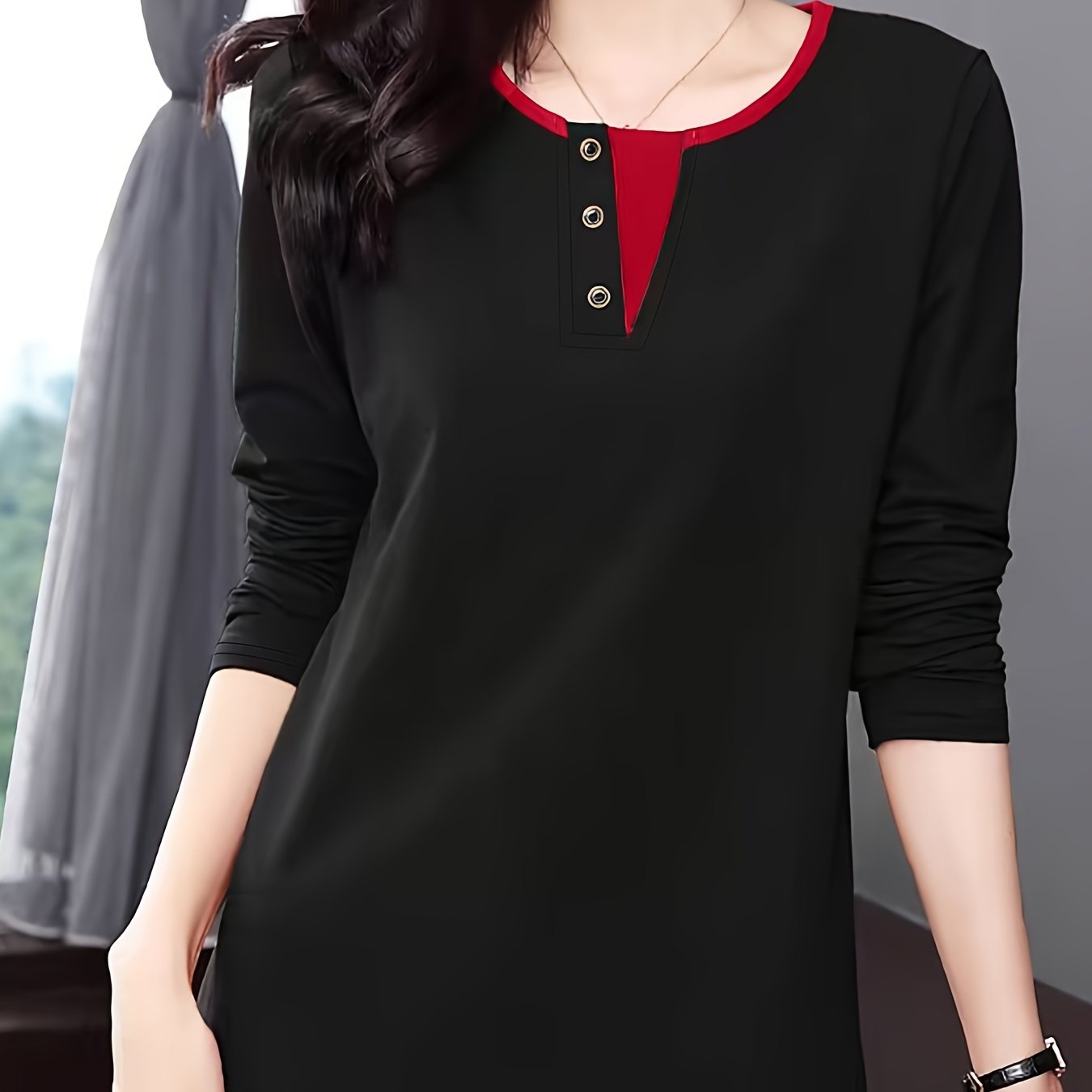 Deep Brown Long Sleeve T-Shirt for Women with Contrast Trim and Faux Button Detail Polyester Blend Spring Summer Elegant Korean Style