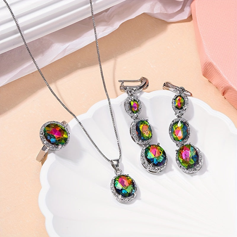 Jewelry Set with Multicolor Faux Gemstones Silver Tone Necklace Ring Earrings Cufflinks for Women