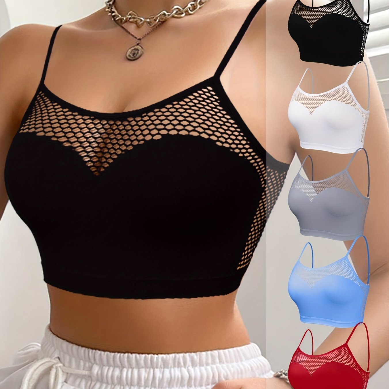 5-Pack сексуальных бюстгальтеров с вырезами, изготовленных из высокоподдерживающей трикотажной ткани (92% полиамид, 8% эластан), с дышащим бесшовным дизайном в стиле рыболовной сети без подкладки и проволок. Идеально подходит для женщин.