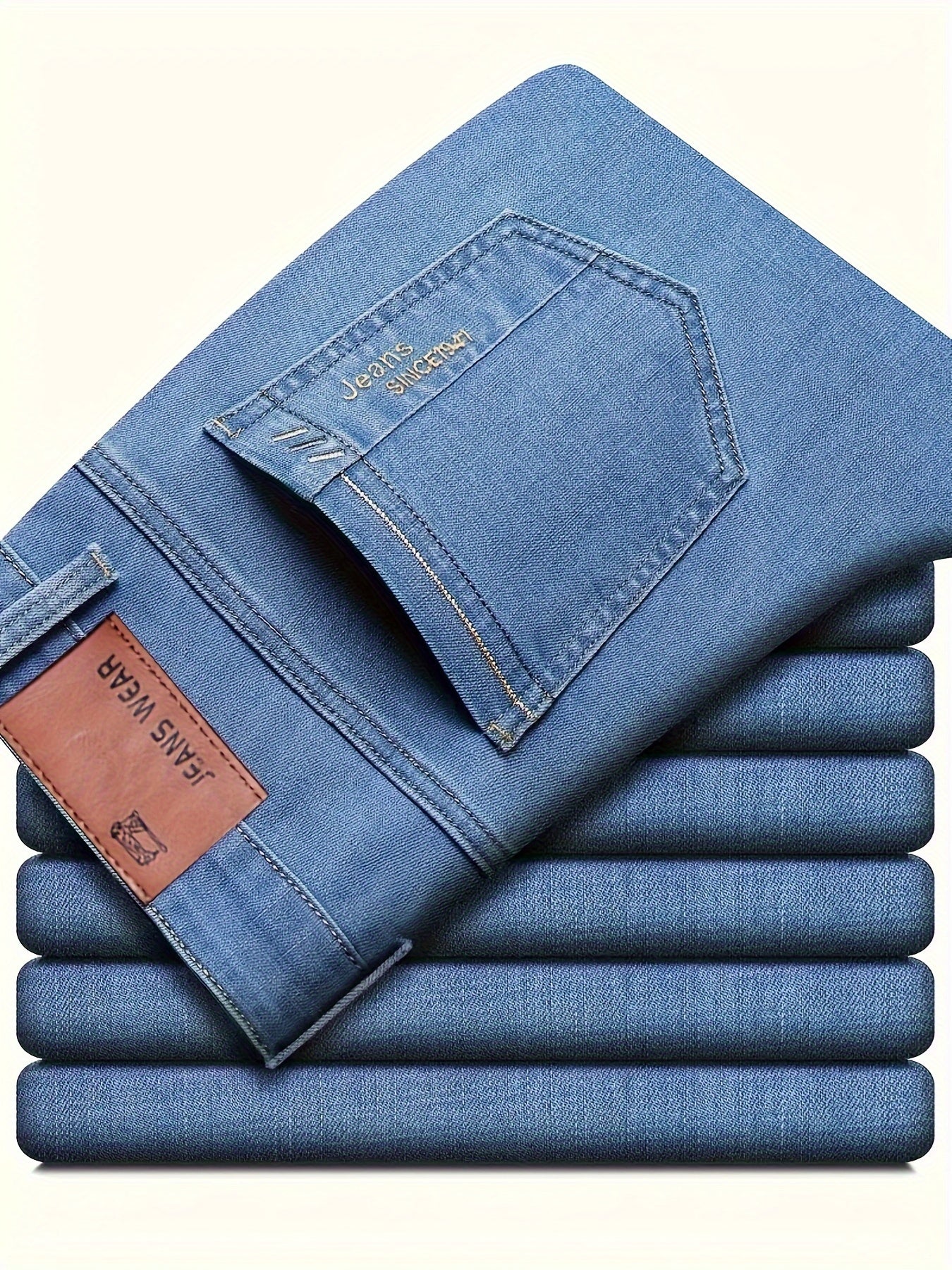 Men's Light Blue Denim Jeans with Slight Stretch, Straight Leg, Casual and Outdoor Wear