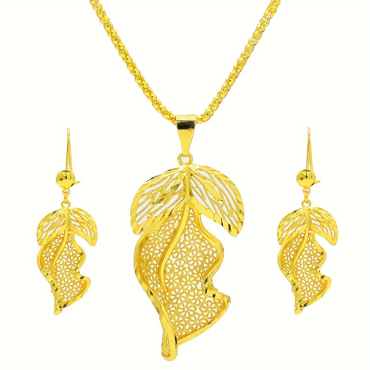 Wedding Jewelry Set with Hollow Leaf Earrings and Necklace 2 Pieces