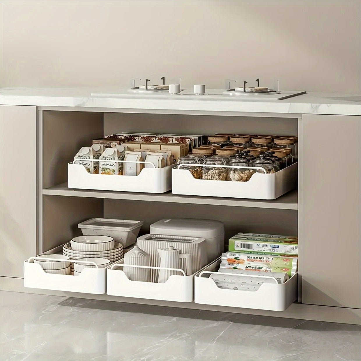 Pull-Out Kitchen Organizer White Carbon Steel Under Sink Storage Drawer for Spices and Utensils