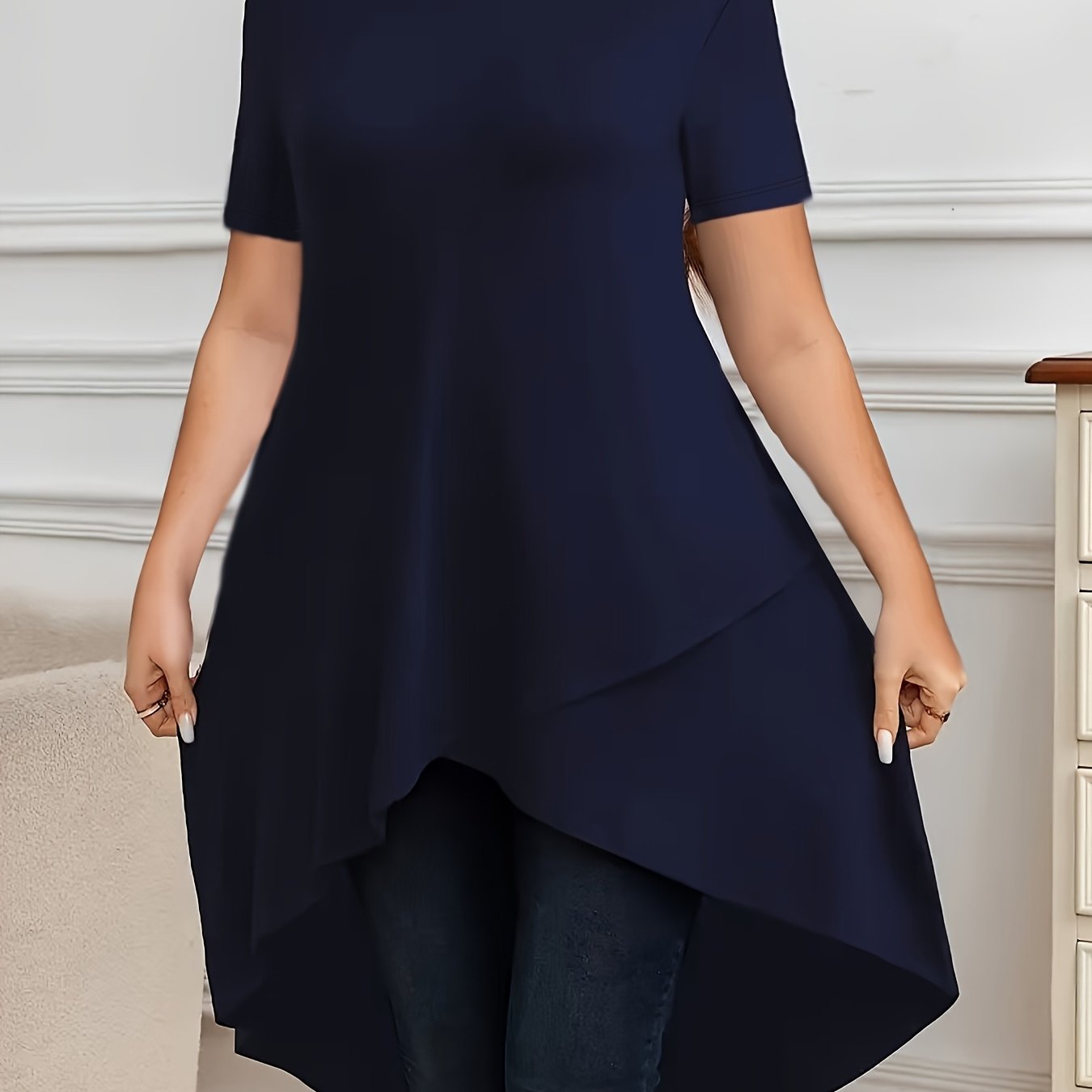 Women's Plus Size Stretch Cross Front Top Short Sleeve Casual Formal Style