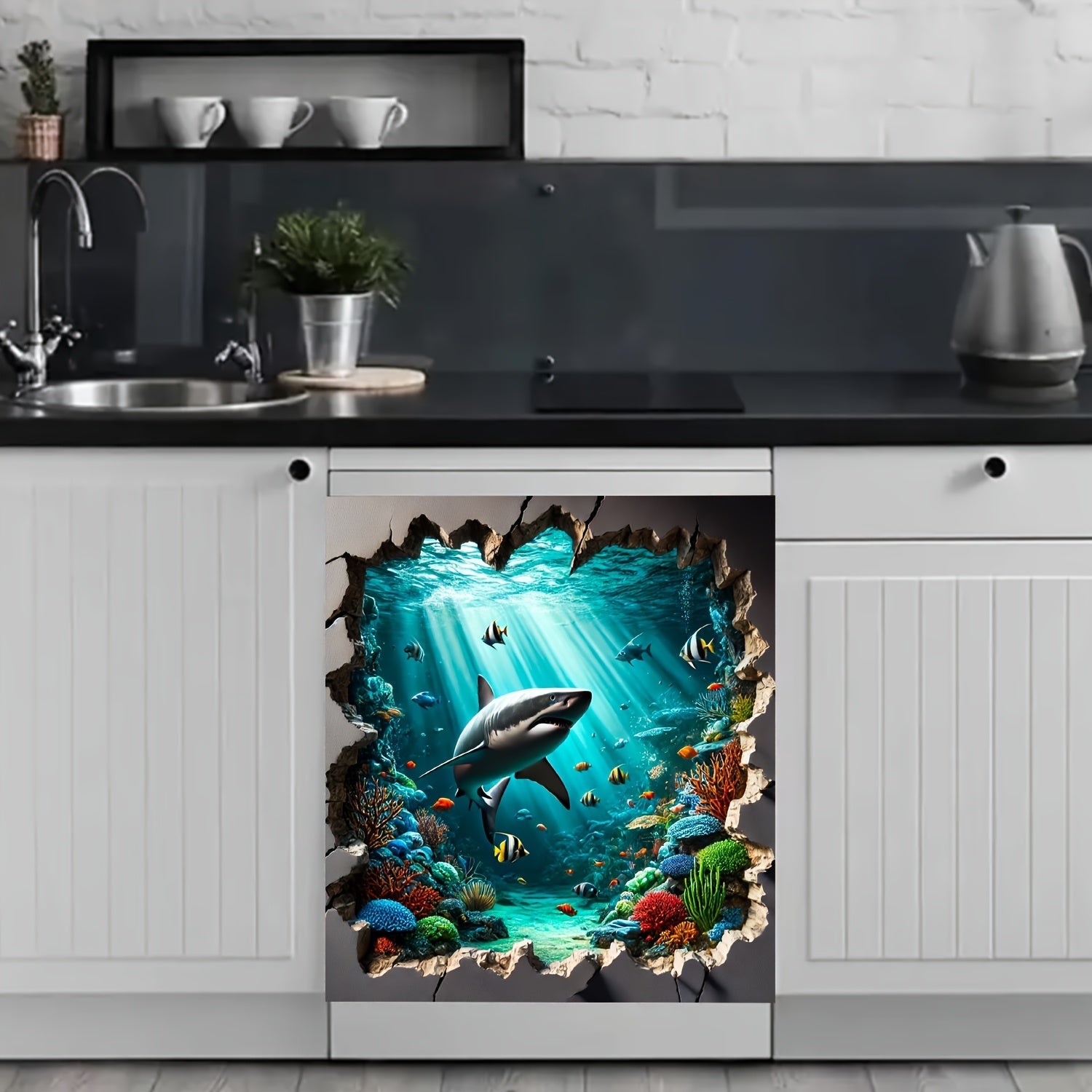 Vinyl Refrigerator Magnet Sticker Underwater Shark Adventure Waterproof Heat Resistant Easy to Clean Rectangular Door Decor