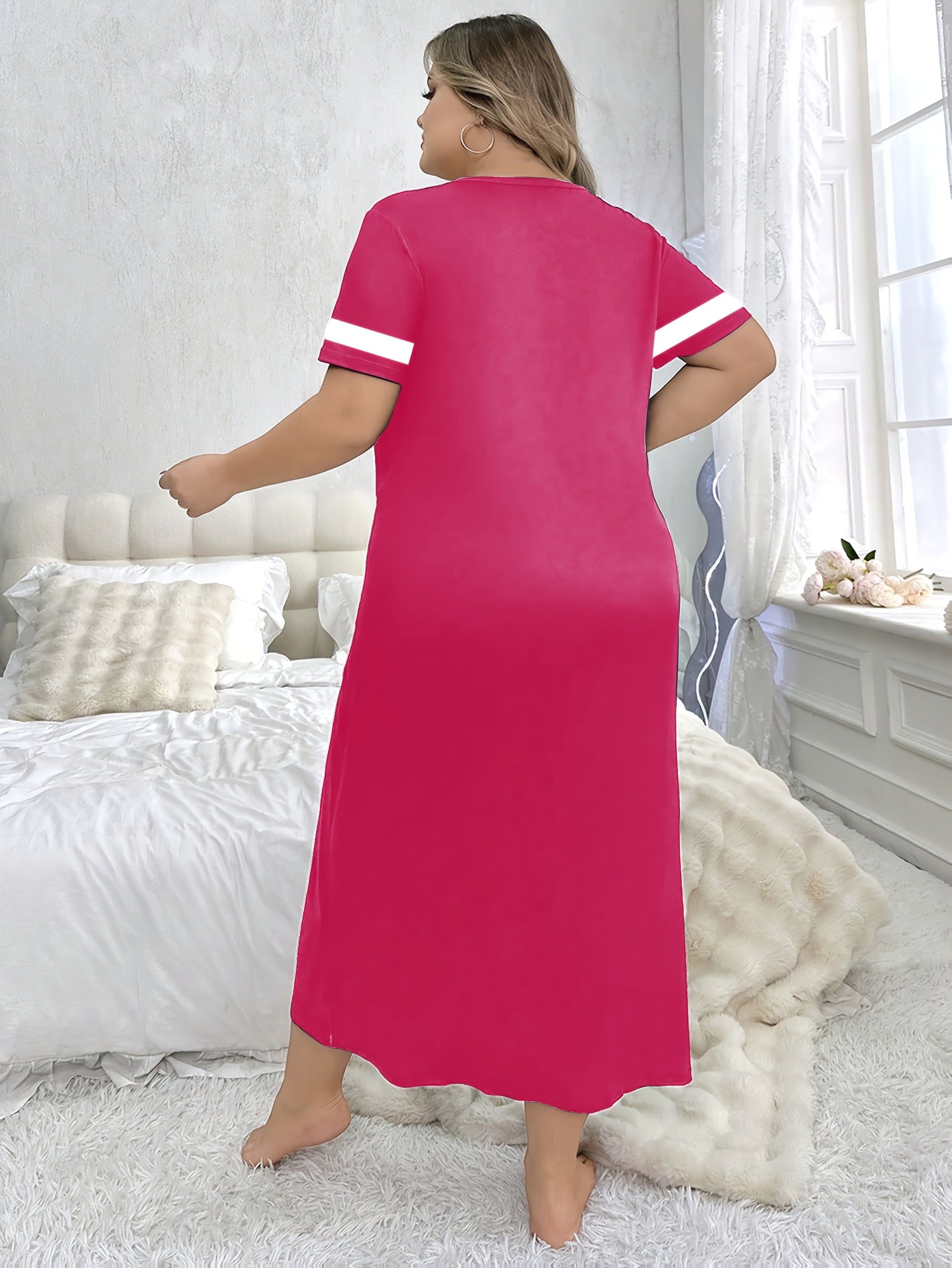 Women's Letter Print Polyester Night Dress Crew Neck Casual Sleepwear