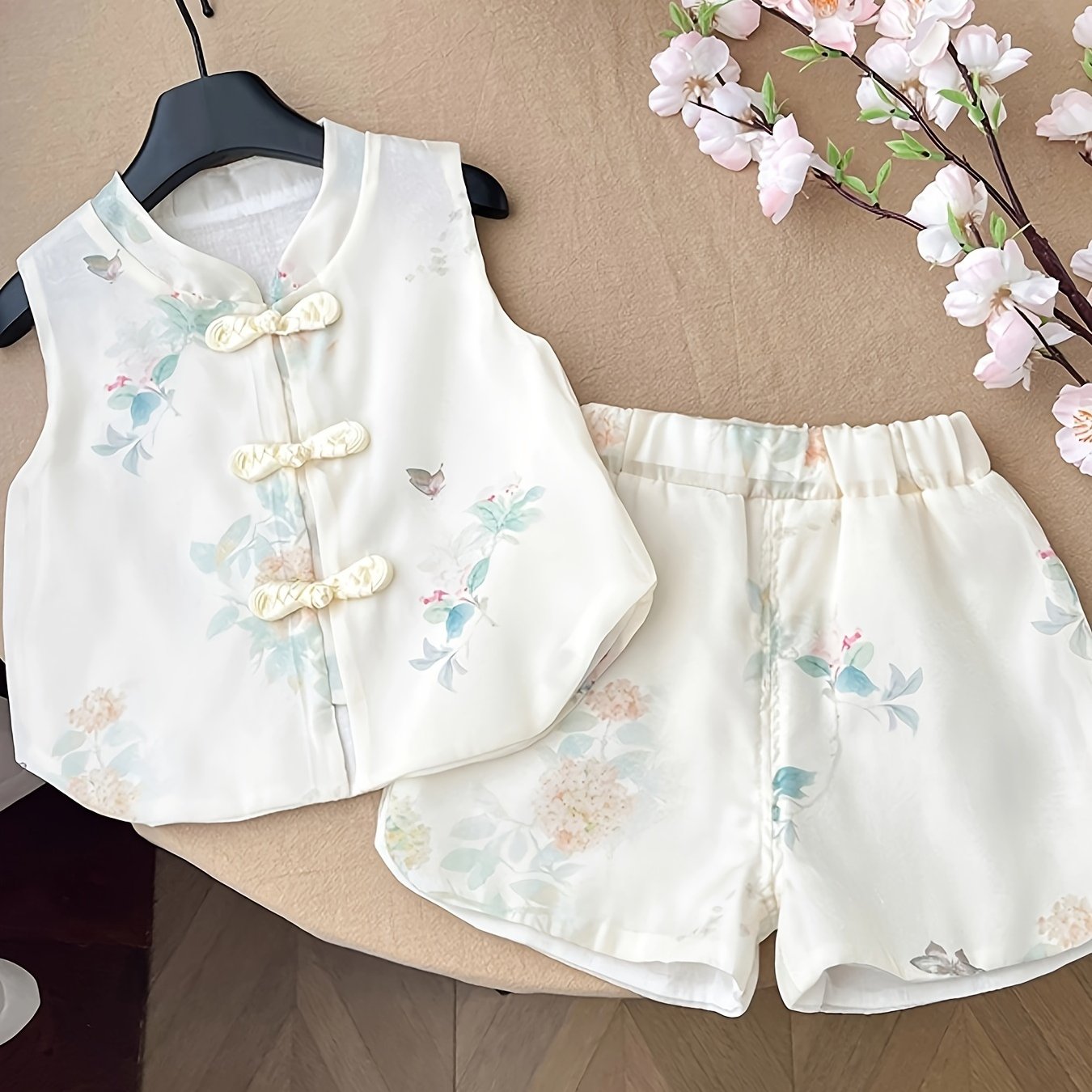 Conjunto de pantalones cortos de verano sin mangas con estampado floral y punto para niños, ideal para actividades al aire libre