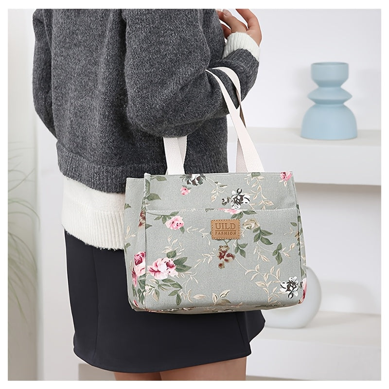 Insulated Waterproof Lunch Bag with Aluminum Foil Floral Canvas Large Capacity for Work Travel Picnics