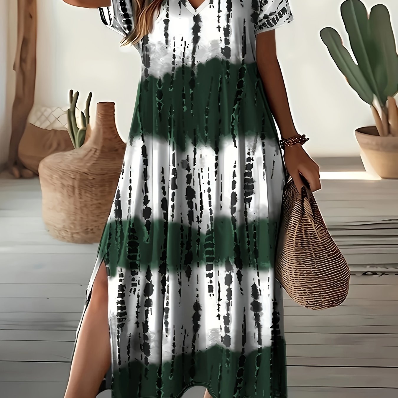 Plus Size Tie Dye Split Dress Short Sleeve V-Neck Fit and Flare Summer Casual