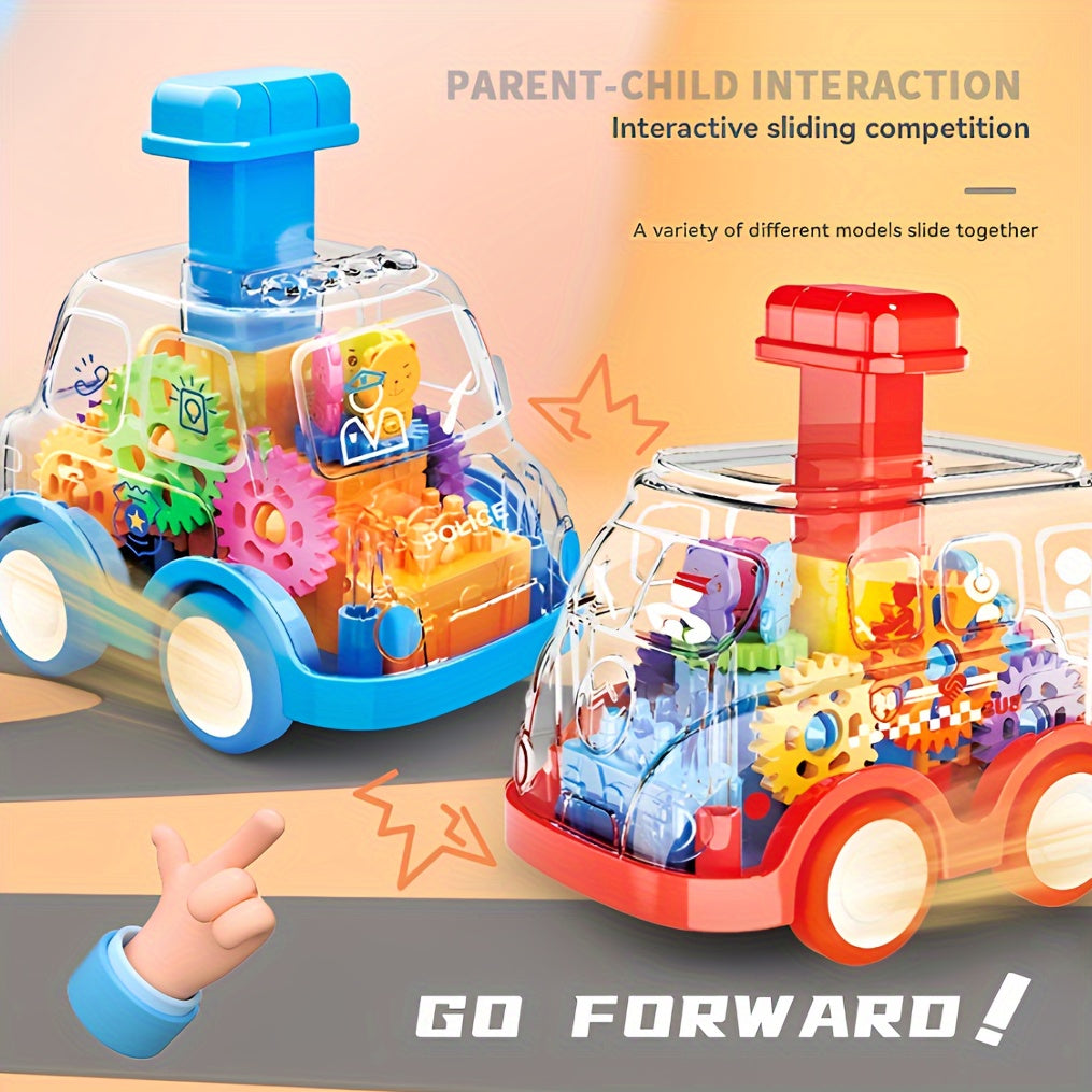 Interaktiv Gear bosish va bosish o'yinchoq transport vositalari to'plami, shaffof friktsion avtomobillar bilan qizil va ko'k ranglarda