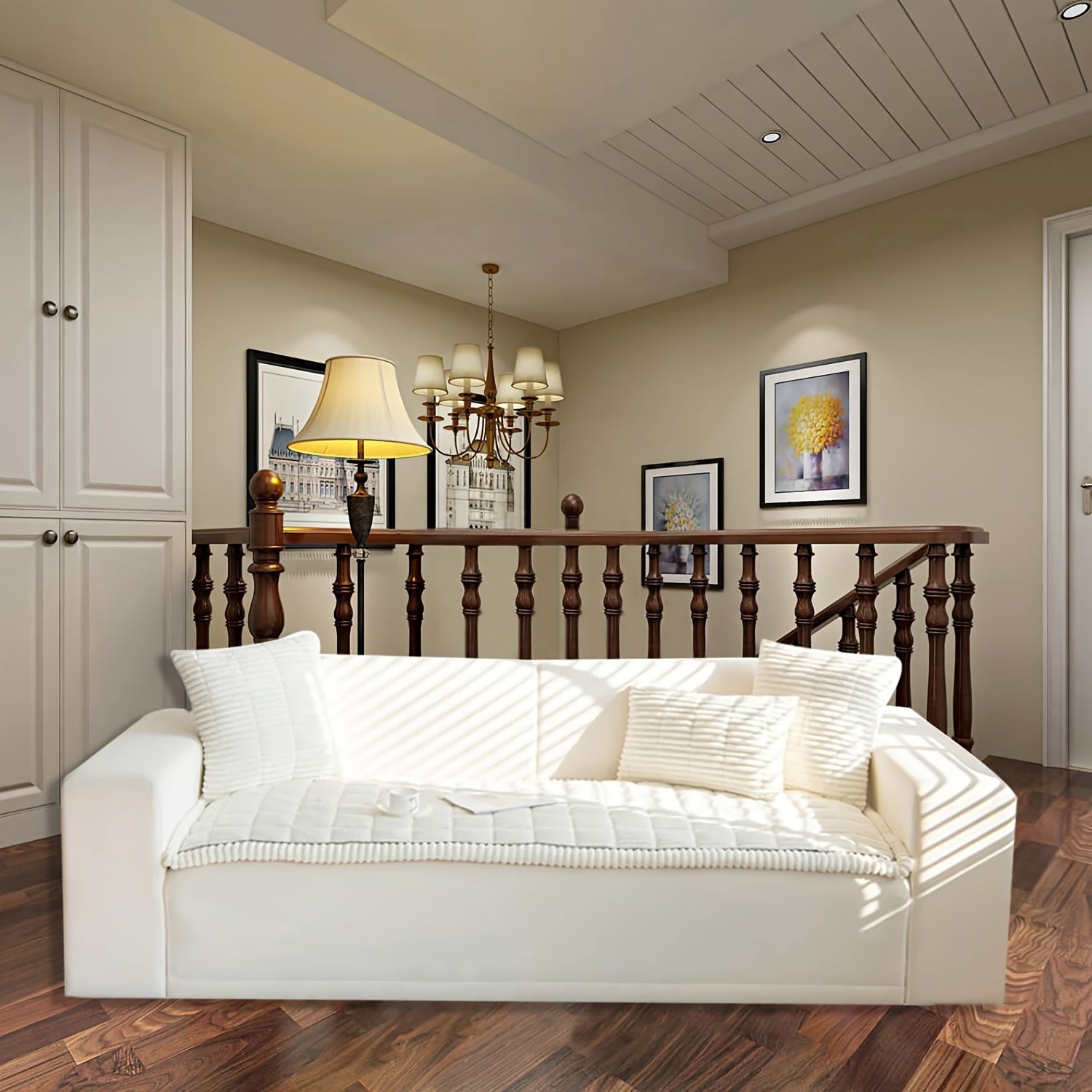 Boho Style Quilted Short Plush Sofa Cover with Ruffle Design Non-Slip Pet Friendly Machine Washable