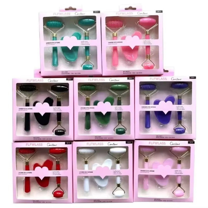 3-qismli Qoplama Yuz Massaj Rulosi Yuz, Tanaga, Bo'yin, Ko'zlar uchun; Q wrinkles qarshi teri parvarishi uchun Guasha Qirqish Taxtasi o'z ichiga oladi.