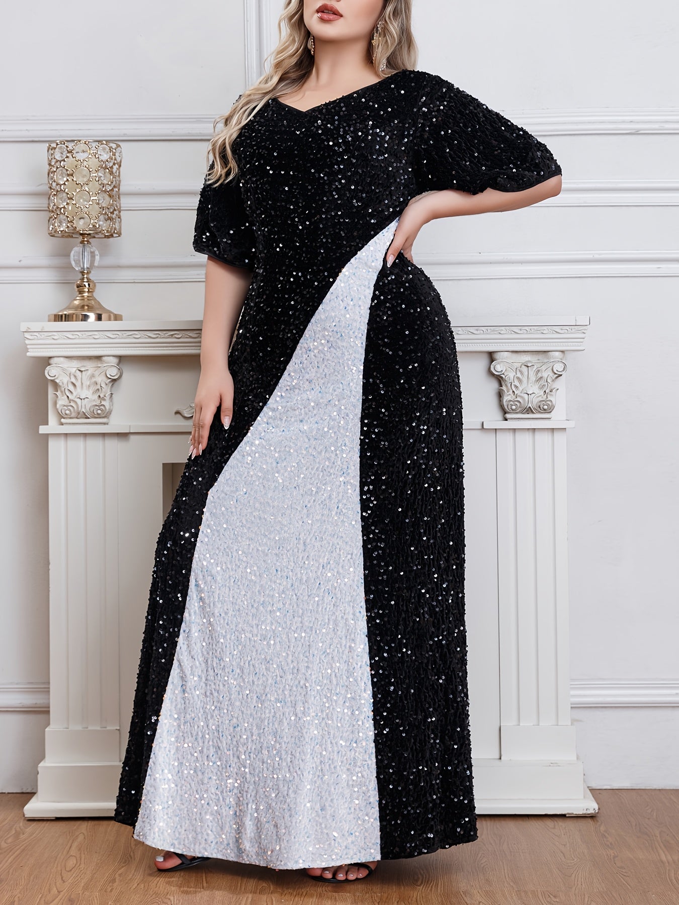 Plus Size Black Night Starry Sky Sequin Dress Evening Gown