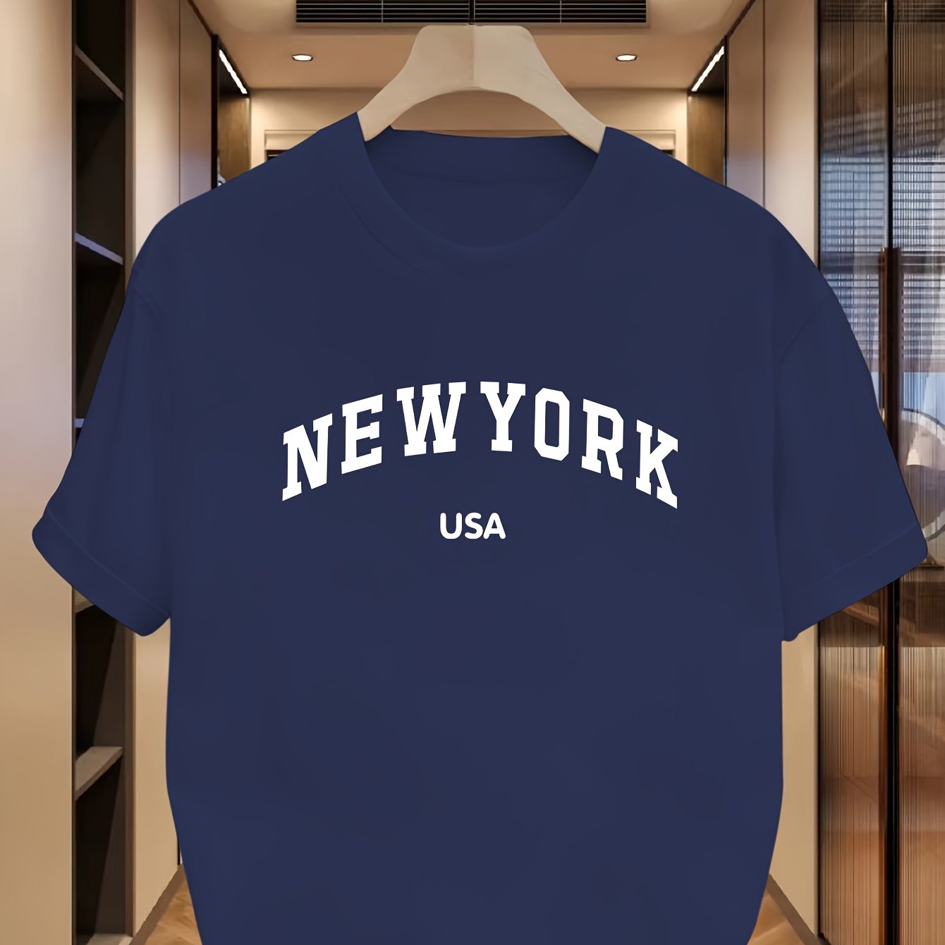 Camiseta de manga corta casual de verano para hombre con estampado de Nueva York, EE. UU., poliéster, elastano, ligero estiramiento, corte regular