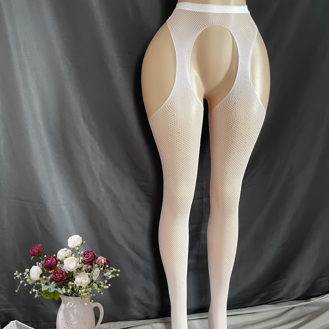 Women's High-Waisted Elastic Seamless White Pantyhose with Crystal Embellishments