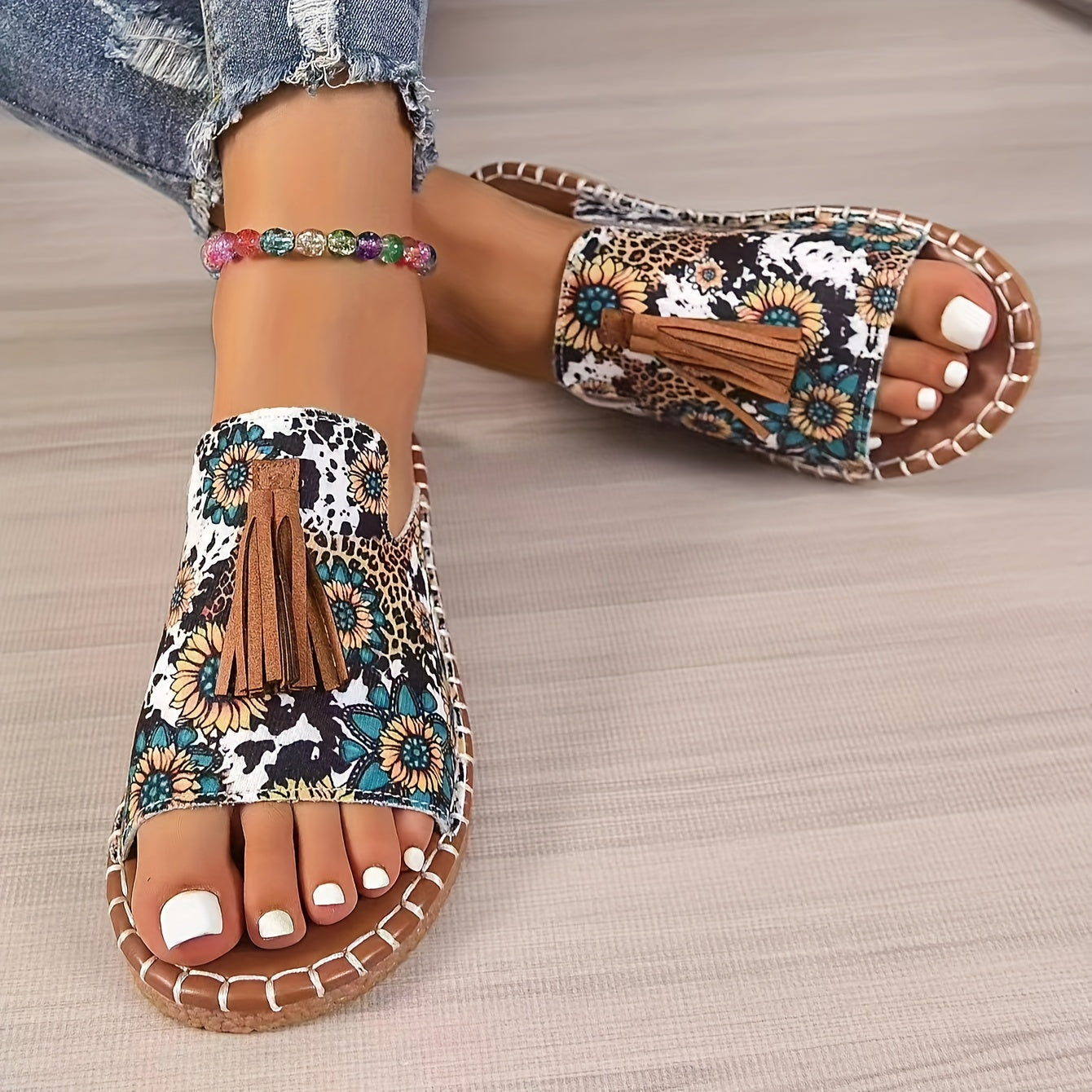Bohemian Canvas Sandals for Women with Tassel and Ethnic Pattern Slip-On Open Toe Flat Summer Shoes