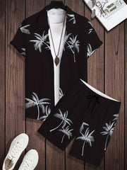Men's Hawaiian Themed Casual Set in Black and White Palm Print Polyester Blend Plus Size