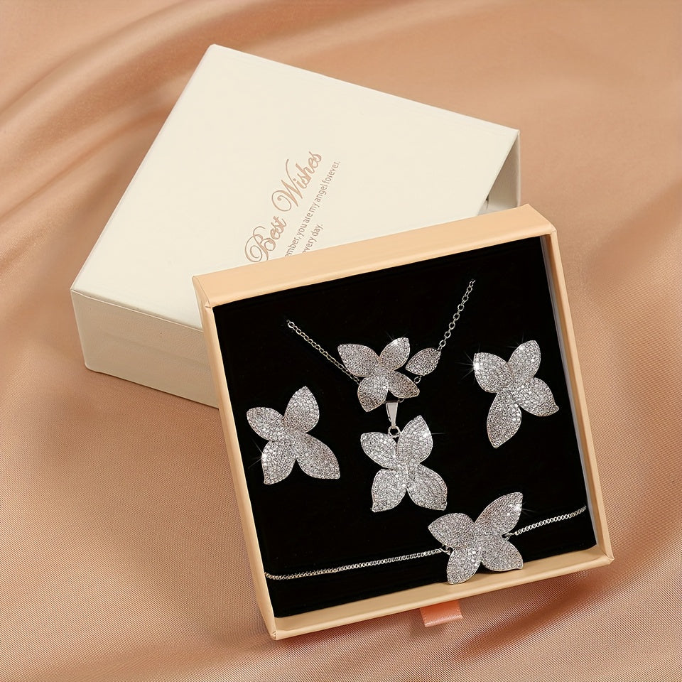 Women's Butterfly Jewelry Set Zirconia Copper Necklace Bracelet Ring Earrings Gift Boxed