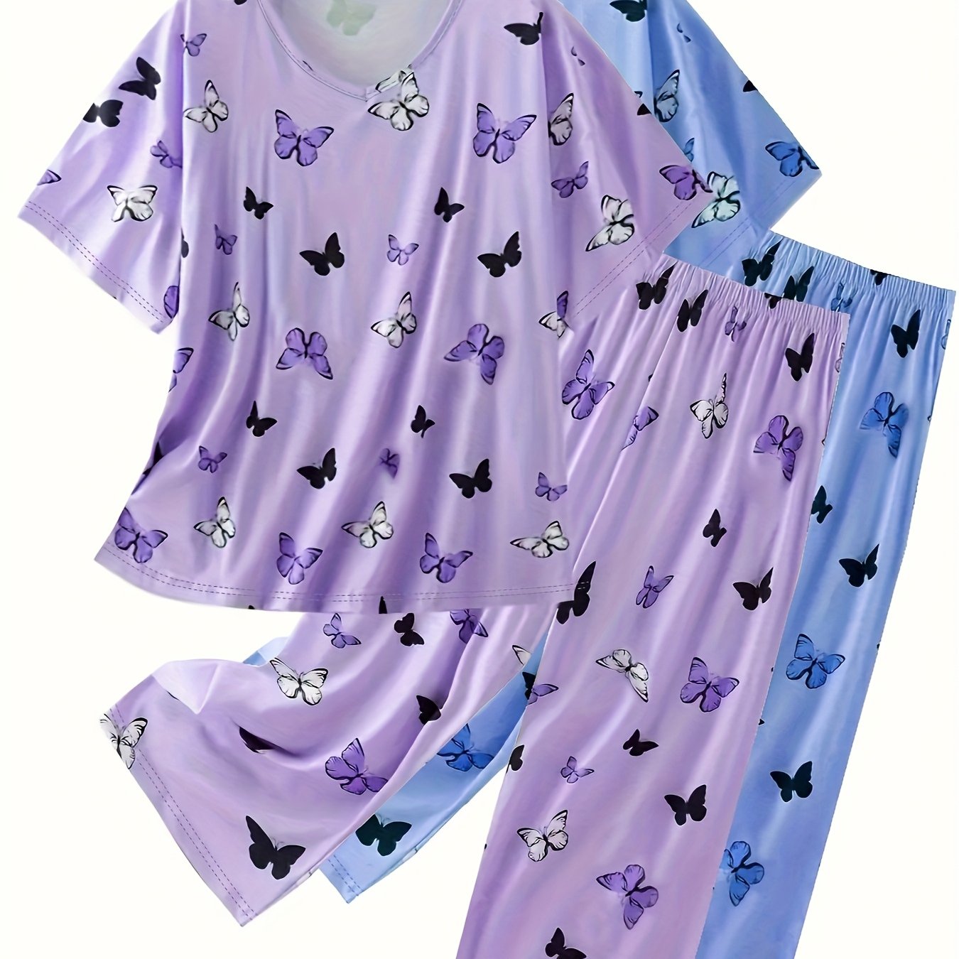 Plus Size Butterfly Print Short Sleeve Pajama Set Two-Piece Combo