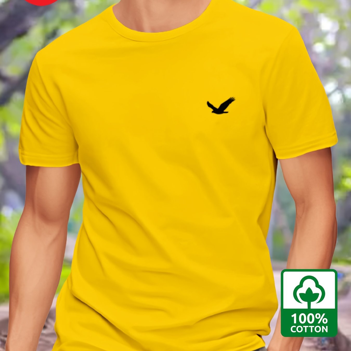 Men's Cotton T-Shirt with Bird Print Regular Fit Round Neck Short Sleeve