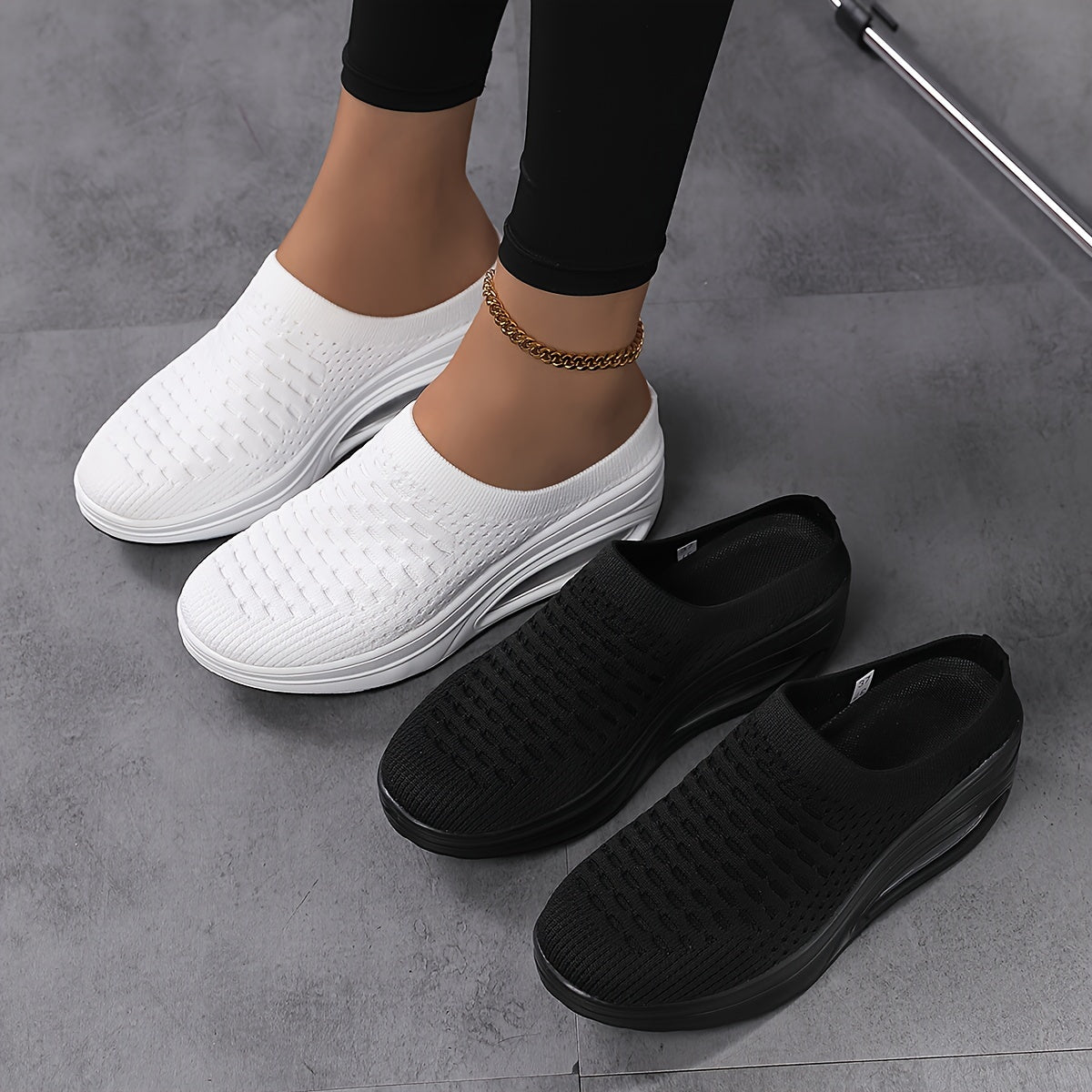 Women's Breathable Woven Mule Sneakers Casual Slip-On Platform Shoes