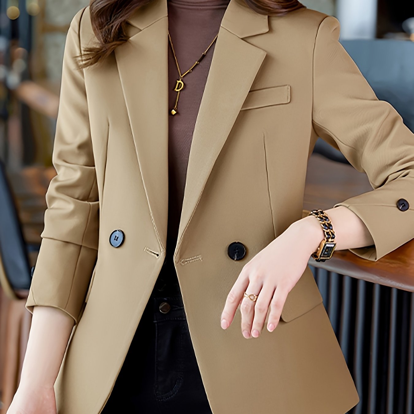 Women's Beige Double-Breasted Blazer with Lapel Collar for Spring