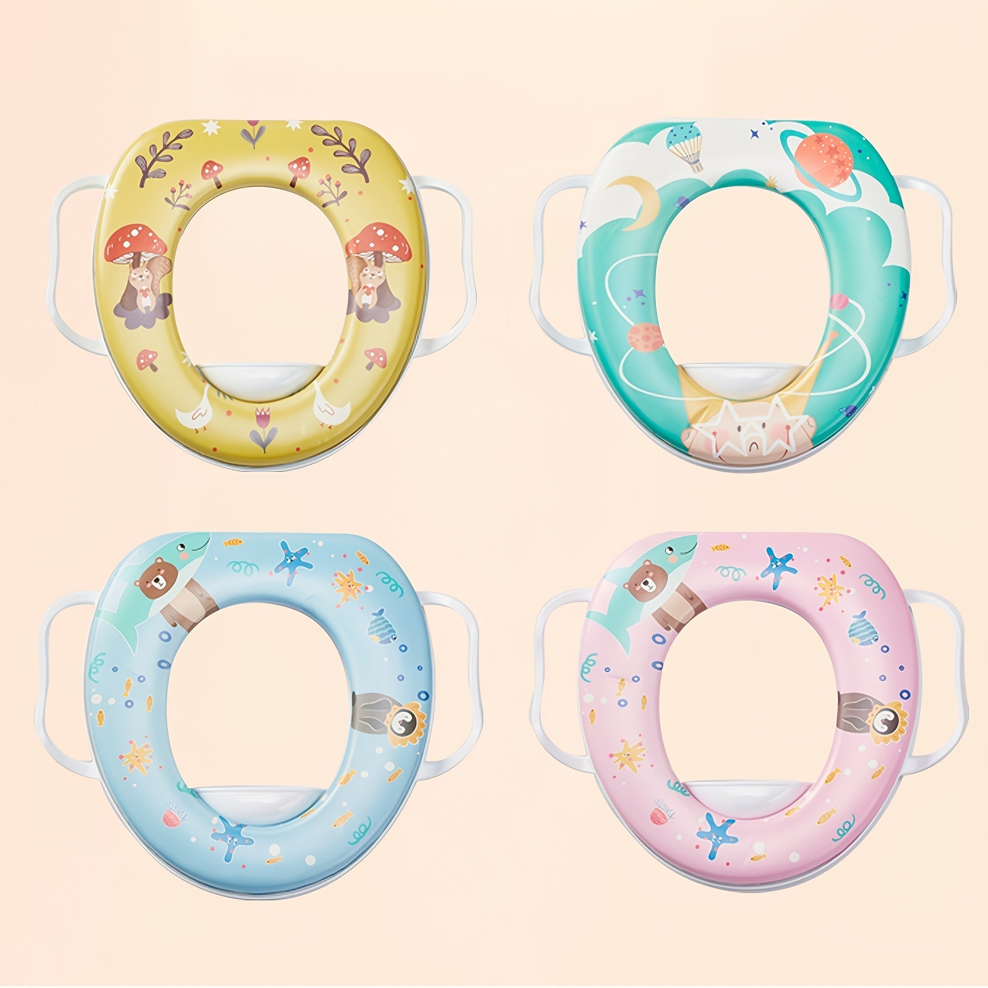 Asiento de entrenamiento para inodoro suave para niños con asas, cojín y diseño de dibujos animados