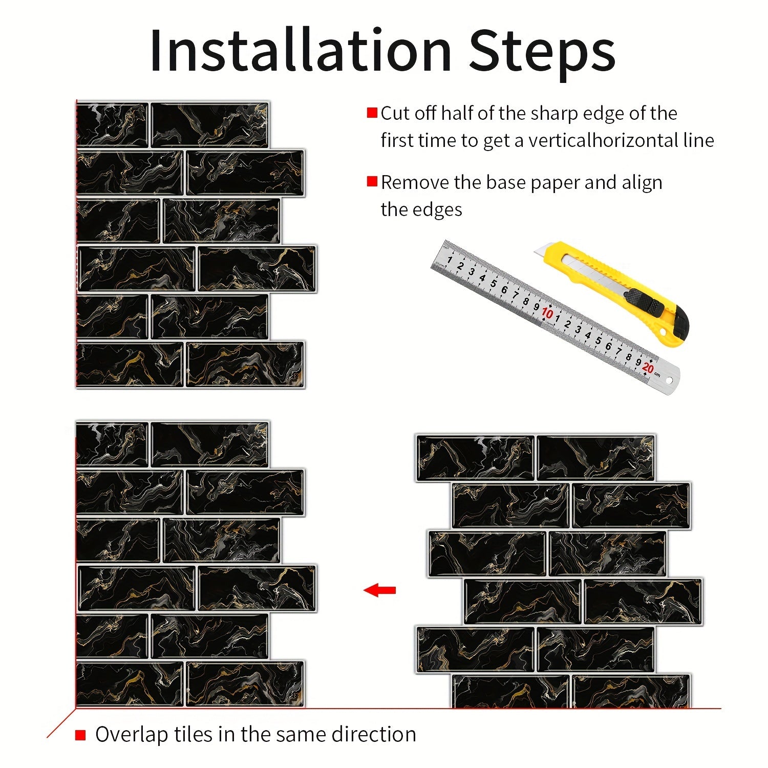 12 Pieces Black and Gold Quicksand Brick Pattern Mosaic Wall Tile Stickers 30.48cm x 30.48cm Waterproof Self-Adhesive