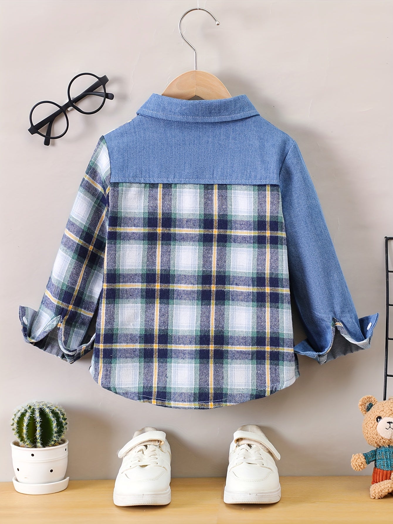 Camisa de mezclilla de manga larga a cuadros para niños, corte regular, para todas las estaciones, de poliéster y algodón tejidos