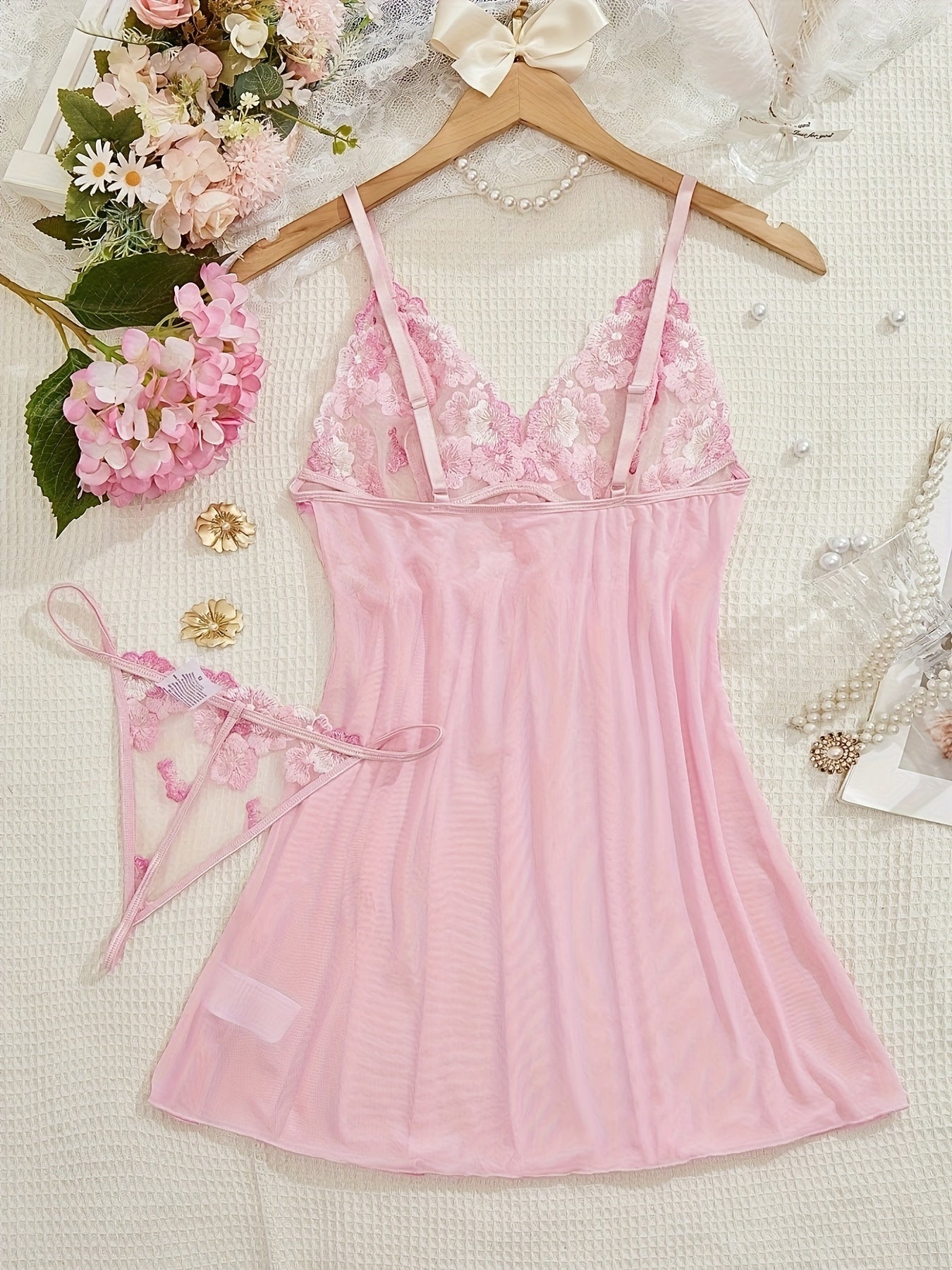 Women's Satin Camisole Nightgown Set with Lace Trim Black