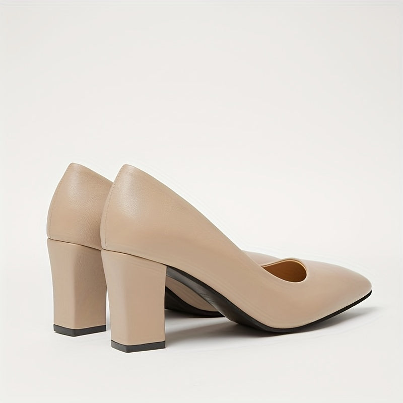 Women's Pointed Toe Court Pumps Solid Color Slip-On Block Heels for Office