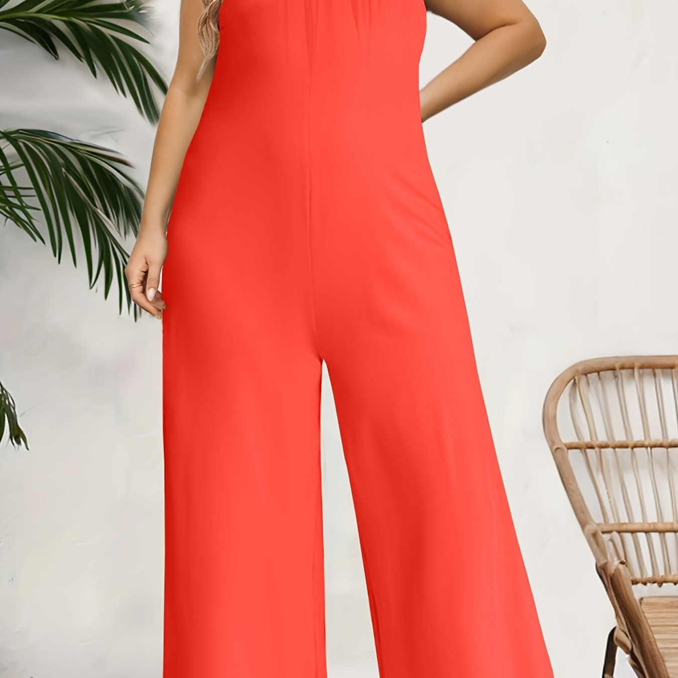 Women's Solid Color Jumpsuit with Tie Waist Polyester Spandex Knit